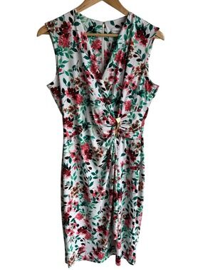 Calvin Klein Floral Cocktail Garden Party Dress Sz 10 Faux Wrap Fitted Stretchy